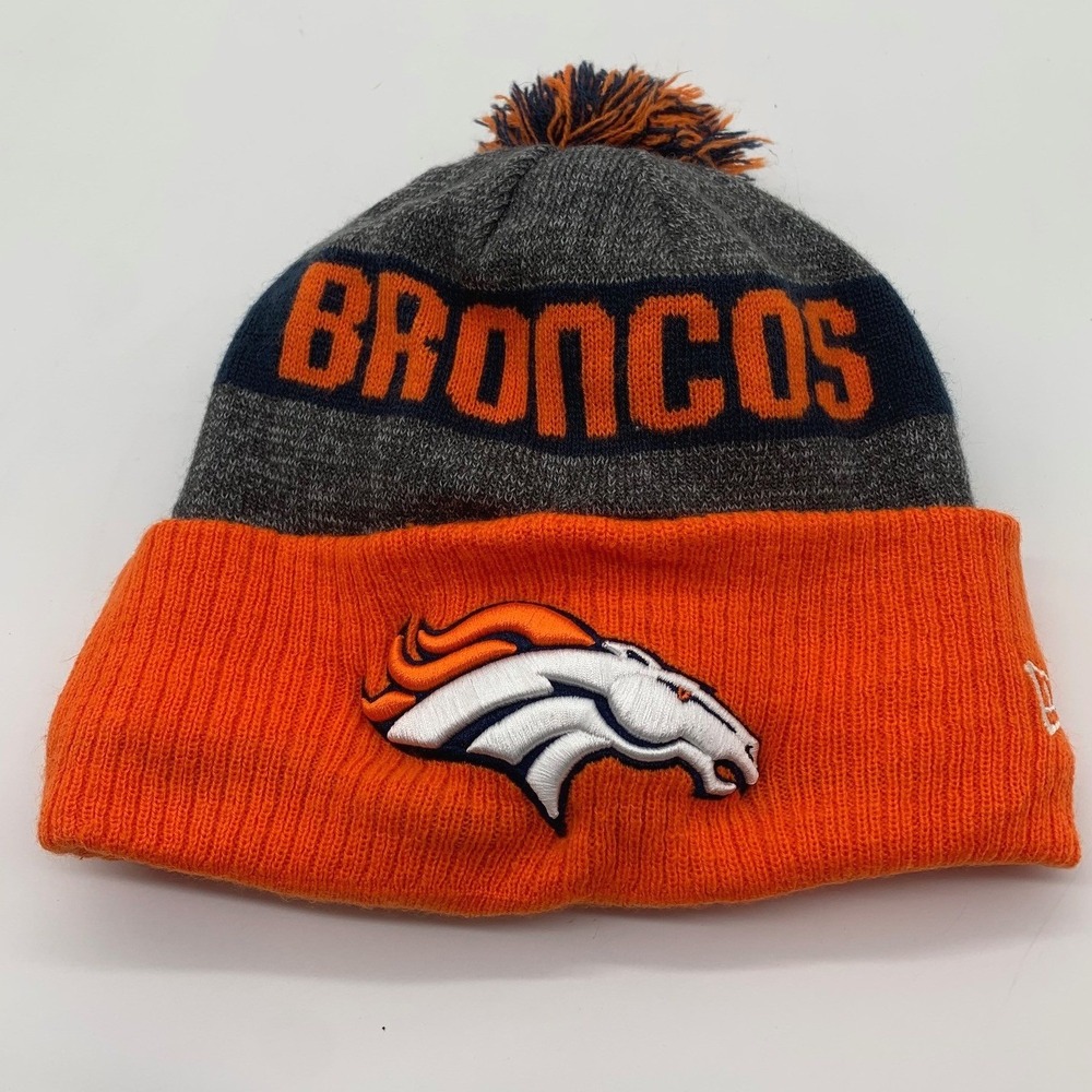 New Era Denver Broncos Beanie OSFM Orange Knit Fleece Lined Pom Pom Hat NFL